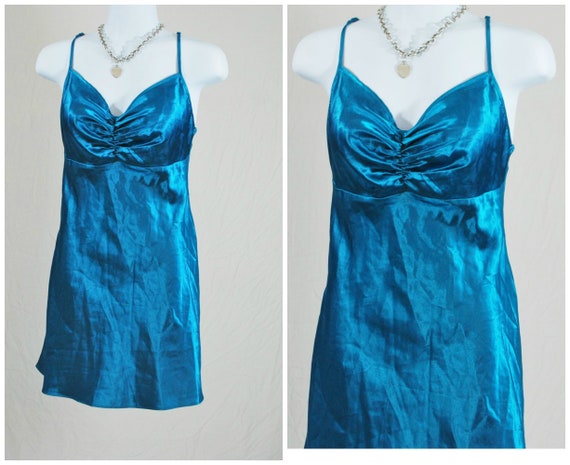 90s Satin Blue Turqoise Mini Dress | Vintage Women