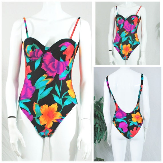 Floral 1980s One Piece Low Back Swimsuit Gem Floral 1980s One Piece Low Back Swimsuit Gem