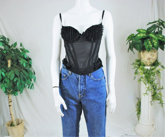 80’s 90’s Frilly Black Lace Corset top | Vintage … - image 3