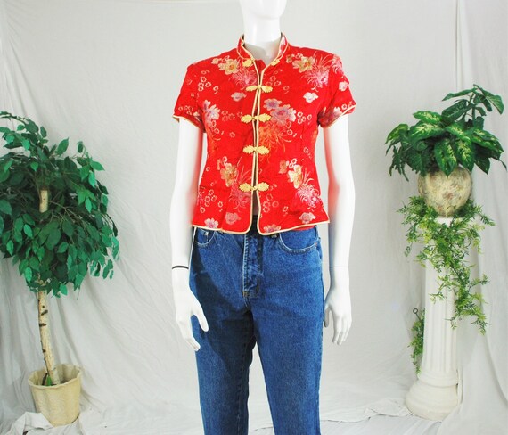 90’s Red Floral Print Button Blouse | Vintage Wome