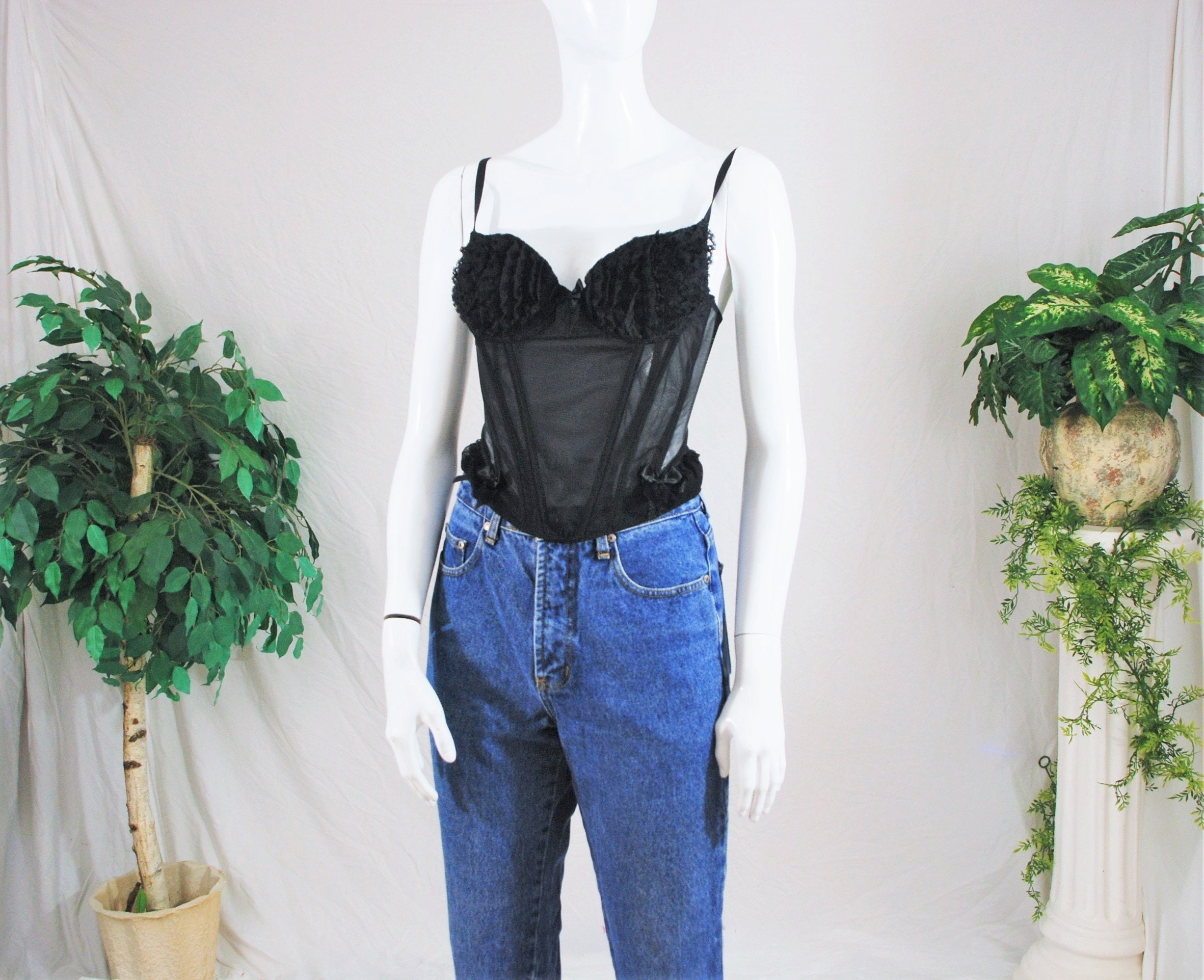 80s 90s Frilly Black Lace Corset Top Vintage Romantic Bustier Corset  Lingerie Top 