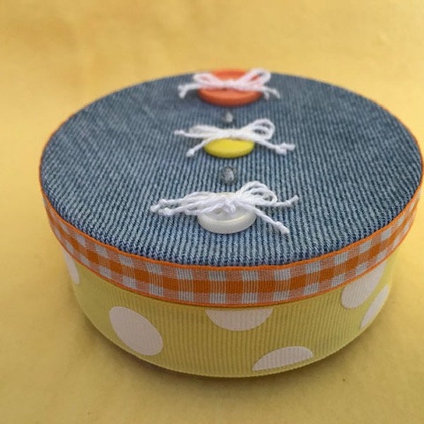 Upcycled Round Candy Tin - Light Wash Denim, Buttons, Yellow Polka Dot Ribbon