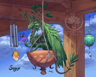 Impresión artística de fantasía de dragón sabio: ilustración fantástica de cuento de hadas