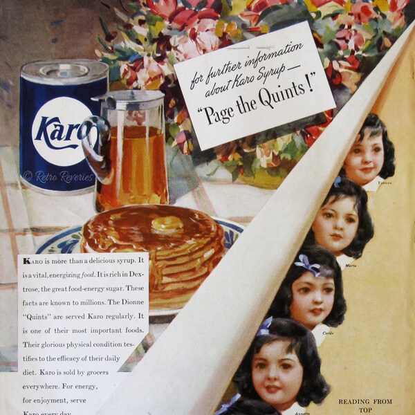 1938 Karo Sirup Ad - Dionne Quints - fünf-Mädchen - Aquarell Ad Kunst - 1930er Jahre Lebensmittelwerbung