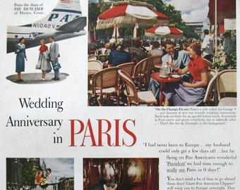 Vintage 1953 Ad, Paris Travel Poster, Pan Am Airline Ad, Pan American, Memory Wall Decor, Champs Elysees Cafe, 50s Anniversary Gift