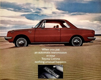 1969 Toyota Corona Ad, 1960s Inspired Retro Car Art, 60s Garage Decor, Gift for Car Guy, Vintage Car Ads, Red & Gold Art