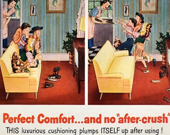 1951 Goodyear Airfoam Vintage Ad, 1950s Childhood Nostalgia, Living Room Decor, 1950s Housewife, Mercury Car Ads, Mid Century Decor