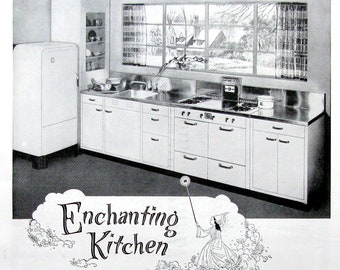1938 Monel Metal Kitchen Counter Ad, 1930s Kitchen Decor, 1930s Magic Chef Range, Vintage Ads
