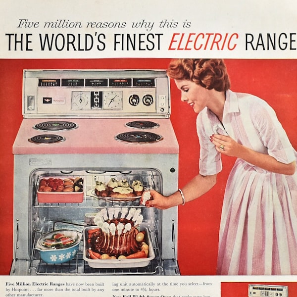 1958 Hotpoint Electric Range Vintage Ad, 1950s Pastel Pink Stove, Retro Kitchen Decor, Original Magazine Ad