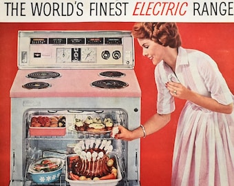 1958 Hotpoint Electric Range Vintage Ad, 1950s Pastel Pink Stove, Retro Kitchen Decor, Original Magazine Ad