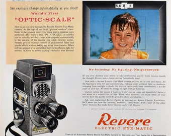 Vintage 1958 Revere Camera Ad, Electric Ey-Matic Camera, 1950s Americana, 50s Photography Ads, Craft Room Decor