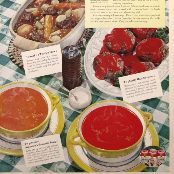 Vintage 1951 Campbells Tomato Soup Ad, 1950s Farmhouse Kitchen Wall Art, Home Cooking Decor, MidCentury Americana, Retro Food Ad