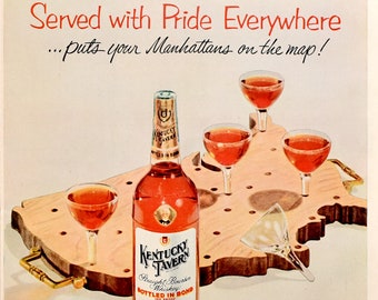 1955 Kentucky Tavern Ad, Vintage Bourbon Ad, Home Bar Decor, Manhattan Cocktails, Vintage Ads, Peg Board Wall Art
