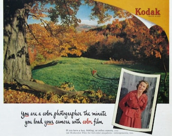 1951 Kodacolor Film Ad, New England Autumn Vintage Wall Art, 1950s Honeymoon,  Retro Anniversary Gift, 50s Fall Foliage