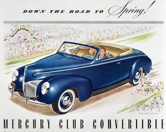 1940 Mercury Eight Convertible, Vintage Auto Ads, 1940s Car Art, Retro Garage Decor, Automotive Art, Vintage Cars 40s, Office Wall Decor