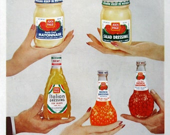 1960 Ann Page Salad Dressing Ad, Vintage Print Ads, A&P Grocery Store, 60s Food Nostalgia, Retro Pantry Decor