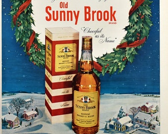 1950 Old Sunny Brook Kentucky Whiskey Ad - Retro Holiday Decor - Festive Home Bar Decor - 50s Christmas Ads - Nostalgic Gift for Dad