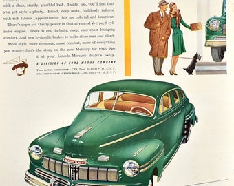 1946 Mercury Ad, 1940s Couple & Standard Schnauzer, Green Mercury Car, 40s Nostalgia, Retro Garage Decor, Classic Cars