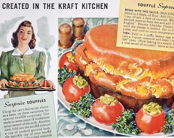 Vintage 1940 Ad, Kraft Cheese, 1940s Kitchen Decor, Cheese Souffle Art, Gift For A Chef, Nabisco Shredded Wheat Cereal Ad