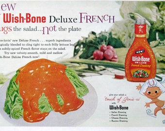 Vintage 1960 Wishbone Dressing Ad, French Salad Dressing, Orange Kitchen Decor, Vintage Food Ads, Wishbone Genie