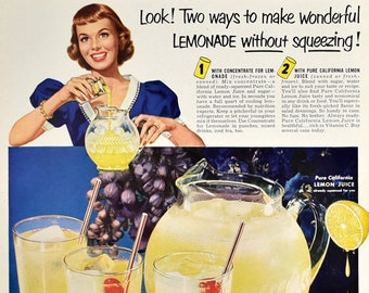1952 California Lemonade Ad, Retro Kitchen Decor, Lemon Wall Art, 1950s Mom Housewife, Old Sunny Brook Kentucky Whiskey Ad