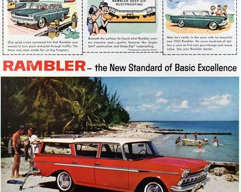 1960 Nash Rambler Vintage Car Ad, Hawaii Nostalgia, Gift for Skin Diver, Retro Diving Cartoon, Nash Wagon Ad, Man Cave Wall Decor