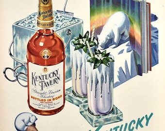 1948 Kentucky Tavern Bourbon Ad, North Pole Decor, Polar Bears Art, Mint Juleps, Retro Bar Decor, Northern Lights Art