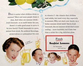 Vintage 1954 Sunkist Lemons Ad, Fresh Squeezed Lemonade, Retro 1950s Kitchen Art, 1950s Americana Decor
