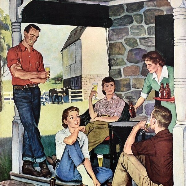 Retro 1953 US Brewers Vintage Beer Ad, Horseback Riding Art, 1950s Americana, Horse Farm Decor, Vintage Print Ads