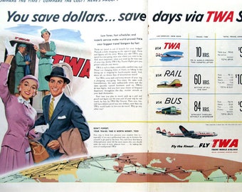 1955 TWA Sky Tourist Travel Ad - Trans World Airlines Ads - 1950s Couple - Miller Art
