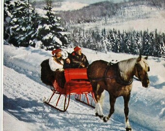 1951 Argus Projector Ad - Retro 50s Winter Nostalgia - Horse Pulling Red Snow Sleigh - Midcentury Inspired Mudroom Decor