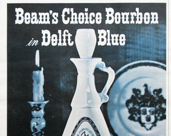 1963 Beam's Choice Ad, 1960s Bourbon Ad, Home Bar Decor, Delft Blue Design, 1960s Kentucky Bourbon Whiskey Ads