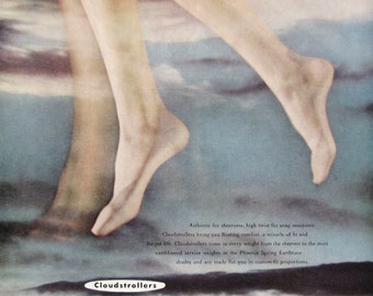 1951 Phoenix Cloudstrollers Vintage Pantyhose Ad, Retro Hosiery Ads, 50s Bedroom Decor, Pastel Colors, Vintage Advertising Art