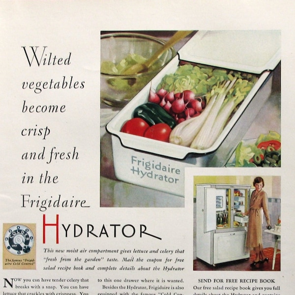 Vintage 1930 Ad, Frigidaire Hydrator, Retro Kitchen Decor, Retro Art Print, Housekeeping Ads, Pantry Wall Art, Johns Manville Asbestos Ad