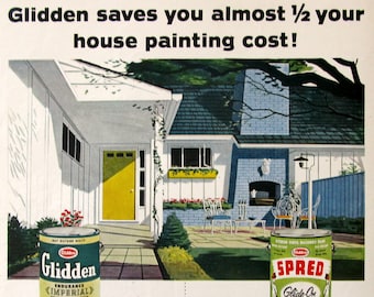 1955 Glidden House Paint Ad - 1950s Exterior Paint - Midcentury Modern Patio Design, Retro Garage Decor Art Print