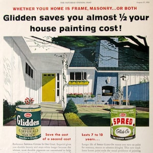 1955 Glidden House Paint Ad 1950s Exterior Paint Midcentury Modern Patio Design, Retro Garage Decor Art Print image 1