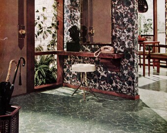 1961 Armstrong Palatial Corlon Floors Ad - 1960s Mid Century Style Foyer - Retro Home Decor Ideas - Wallpaper Accent Wall