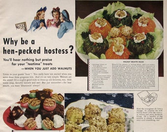 1942 Diamond Walnuts Ad - Hen Pecked Hostess - Vintage Magazine Recipes for High Tea Desserts