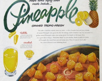 1954 Pineapple Ad, Retro Kitchen Art, 1950s Fruit Ads, Vintage Wall Art for Farmhouse Kitchen, Gold & Green