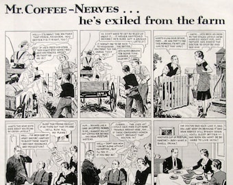 1934 Postum Drink Ad, Vintage Coffee Lover Gifts, Black and White Cartoon Art, General Foods Ads, Whimsical 30s Kitchen Wall Decor