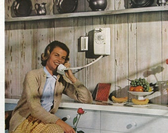 1963 Bell Telephone Ad - 1960s Farmhouse Kitchen - Woman Talking on the Phone - 1960s Phone Ads - Vintage Advertising - Entryway Wall Decor