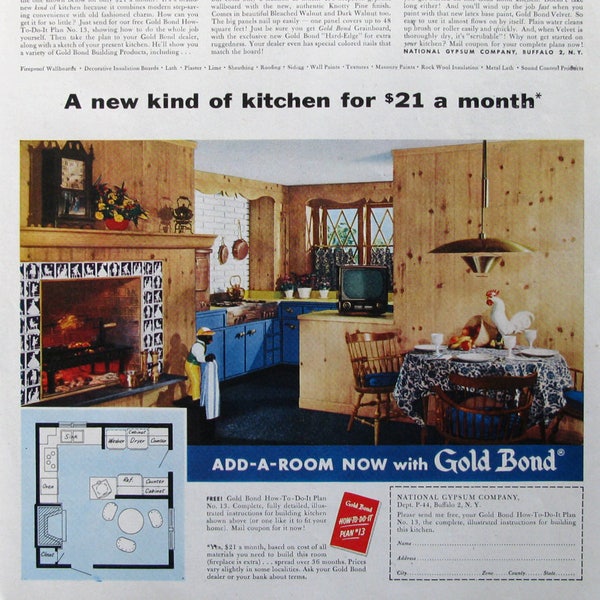 1954 Gold Bond Kitchens, Vintage Ad, National Gypsum Company, Gift for Builder, 1950s Kitchens, 50s Advertisements