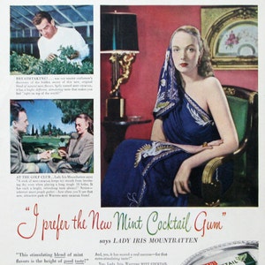 Vintage 1947 Warrens Mint Cocktail Gum Ad, 1940s Socialite, Womens Fashion, Lady Mountbatten, 1940s Candy Ads, Whimsical Wall Art