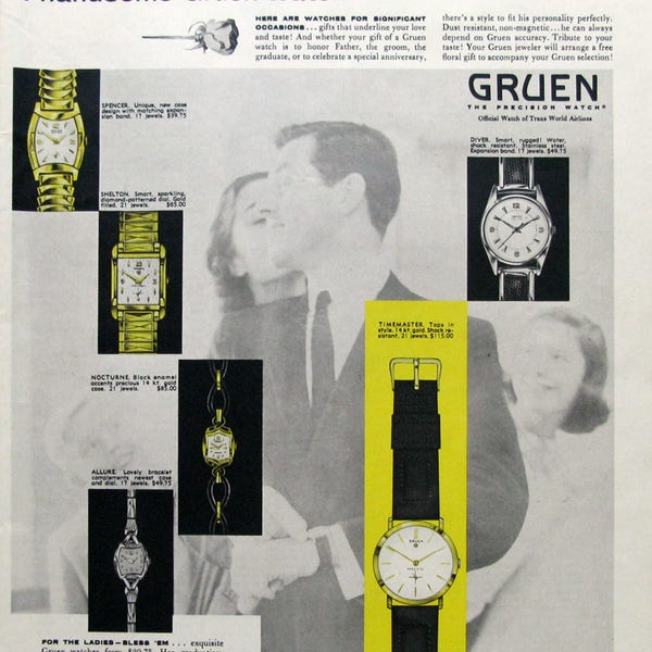 1955 Gruen Watch Advertisement, Vintage Jewelry Ads, Man's Executive Watch Design, Gift for Watch Collector, Vintage 1950's Jewelry Ads