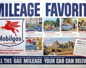 1952 Mobilgas Vintage Print Ad, Retro Man Cave Art, Garage Decor 1950s Americana, Pegasus Logo