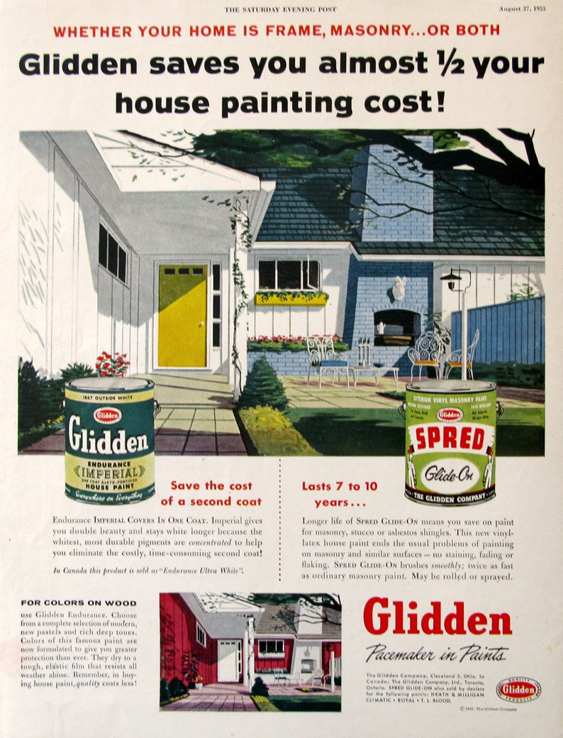 1955 Glidden House Paint Ad 1950s Exterior Paint Midcentury Modern Patio Design, Retro Garage Decor Art Print image 1