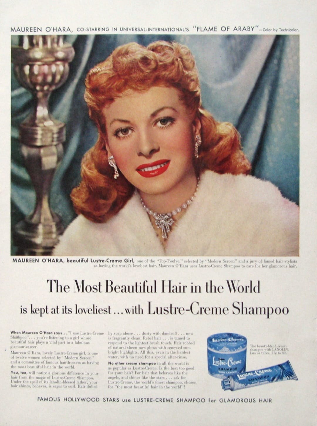 1952 Lustrecreme Shampoo Vintage Ad, 1950s Actress Maureen O'hara, Old