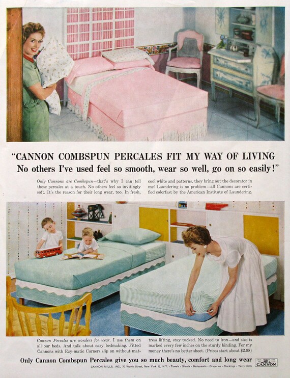 1958 Cannon Combspun Percale Sheets Ad 1950s Bedroom Decor Ideas
