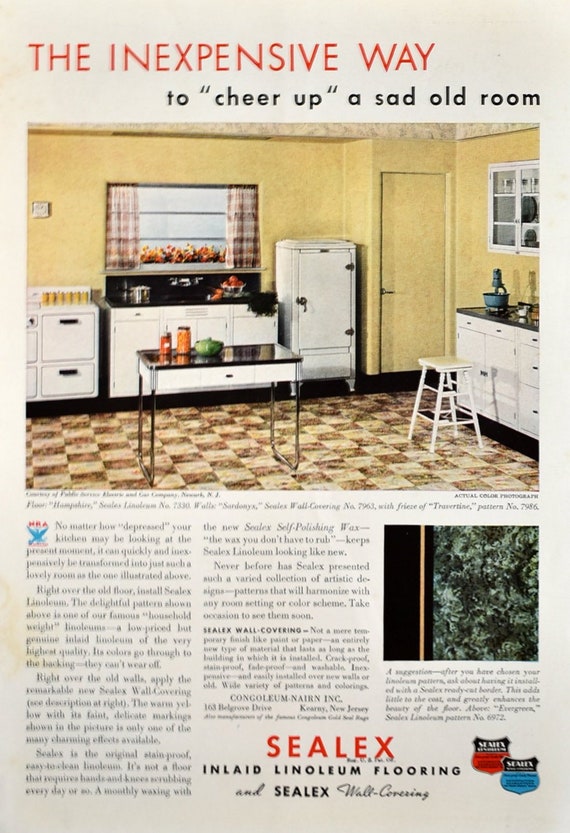 1935 Sealex Linoleum Flooring Ad Retro 1930s Yellow White Kitchen Decor White Appliances Home Design Ideas