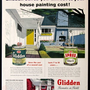 1955 Glidden House Paint Ad 1950s Exterior Paint Midcentury Modern Patio Design, Retro Garage Decor Art Print image 2